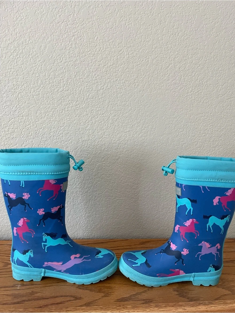 Hatley Blue Rain Boots with Teal, Pink & Black Unicorn Print